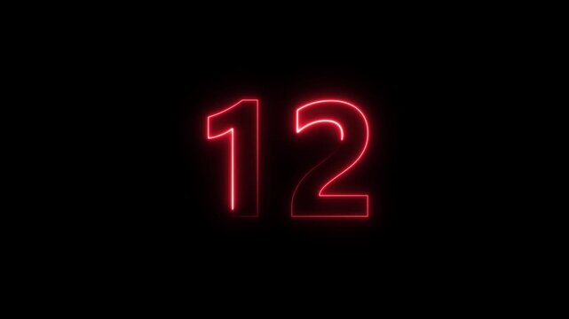 Red Neon Number 12 Glowing Against Black Background Cinematic Motion