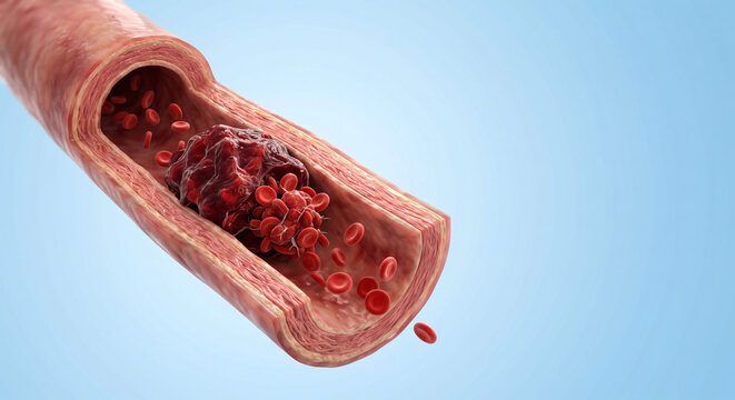 3D medical illustration of the human 3D blood clot in artery, isolated against light blue background with copy space