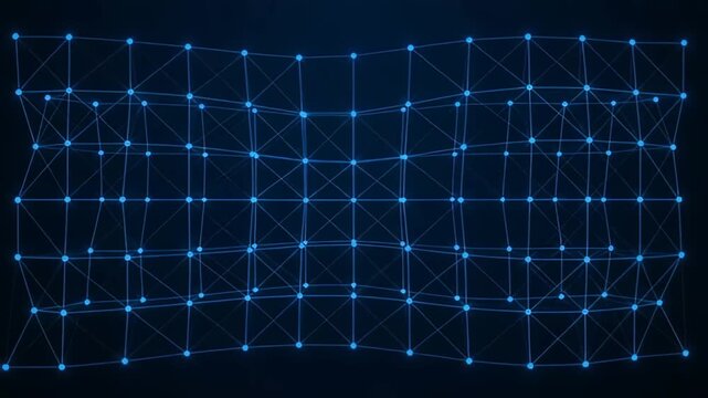 Abstract blue digital wireframe grid background with glowing nodes and connecting lines representing technology, data network, and cyber connections