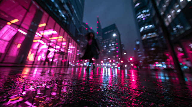 Neon Lights Reflecting on Wet City Street at Night