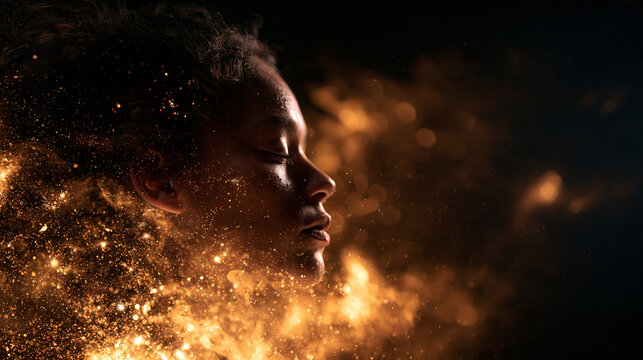 Woman Profile Surrounded by Glowing Golden Light Particles