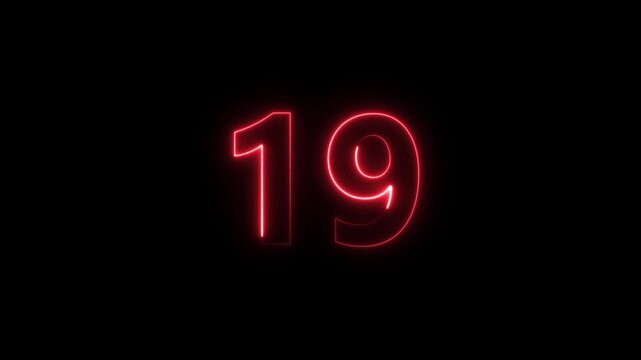 Red Neon Number 19 Glowing Against Black Background Cinematic Loop