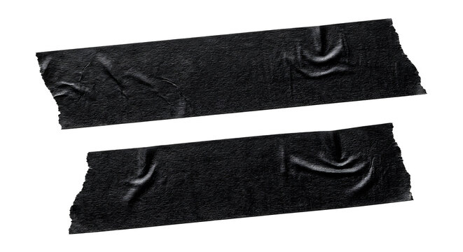 Two strips of black duct tape with creases and folds isolated on transparent background