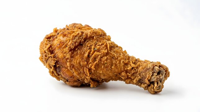 Golden fried chicken leg piece with crispy skin isolated on plain white studio background.