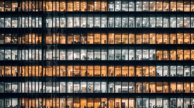 Illuminated Windows of Modern Office Building at Night