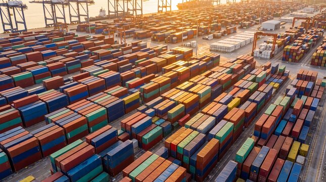 Aerial View of Commercial Container Terminal at Sunset