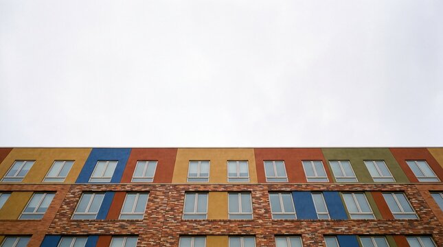 Modern Colorful Apartment Building Facade Under Overcast Sky