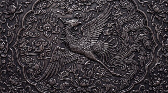 Traditional Chinese Phoenix Embossed Metal Relief Carving