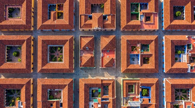 Aerial Top Down View of Colonial City Rooftops