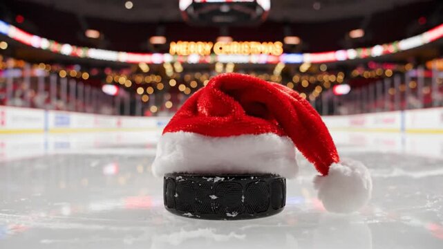 Festive hockey puck topped with a Santa hat against a blurred arena background for Christmas celebration