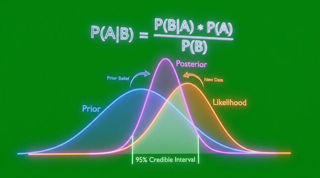 Bayes theorem formula with prior likelihood and posterior distribution curves