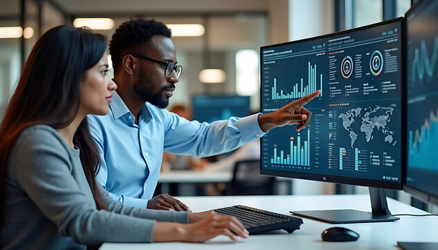 Focused man points at financial data on computer screen while woman watches intently.