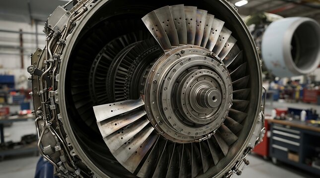 Close-up of a large industrial jet engine turbine blade assembly