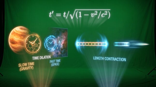 Physics diagram illustrating time dilation and length contraction on green screen