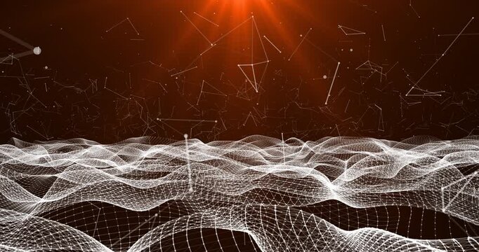 Camera floats low above soft blue digital mesh waves stretching towards dark horizon. Gentle light rays downcast bright spots on flowing plexus net structure.