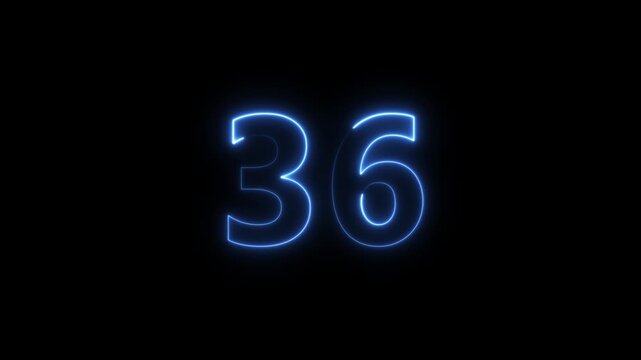 Blue neon glowing number 36 pulsing with energy on a dark background