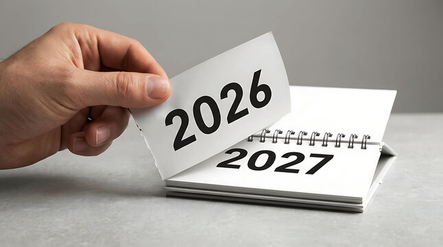 Person hand tearing calendar page transitioning from year 2026 to 2027