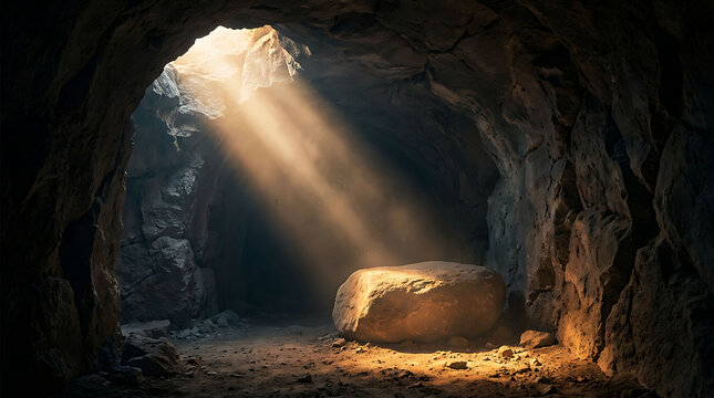 Sunlight breaks through a cave opening, illuminating a large boulder inside
