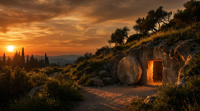 Empty tomb of Jesus Christ with rolled away stone at sunrise or sunset dawn