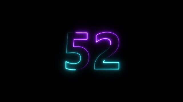 Neon Number 52 Glowing With Cyan And Magenta Lights On Black Background
