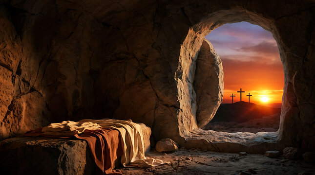 Empty tomb of Jesus resurrection with crosses at sunrise in the morning light