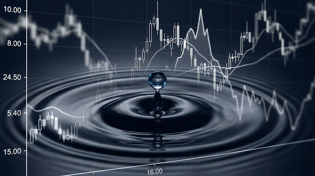 Financial market chart graph overlaying water droplet ripples background concept