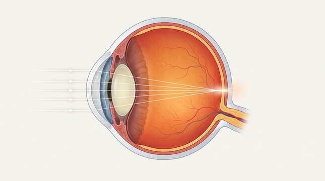 Anatomical diagram of the structure of the eye with a light beam perfectly focused in the central fovea of ​​the retina