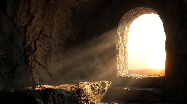 Sunlight Illuminating Empty Stone Tomb Cave Resurrection Easter Concept