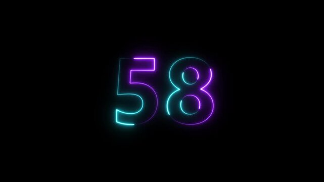 Glowing neon number 58 animating against a dark background with purple and cyan lights
