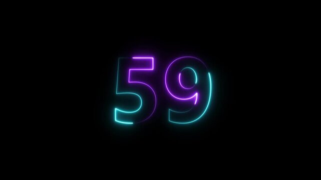 Digital timer counting down from fifty nine with neon glow effect in dark background