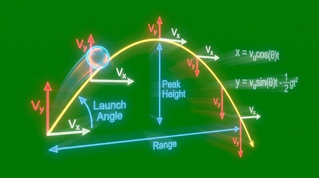 Projectile motion diagram showing parabolic trajectory and velocity vectors