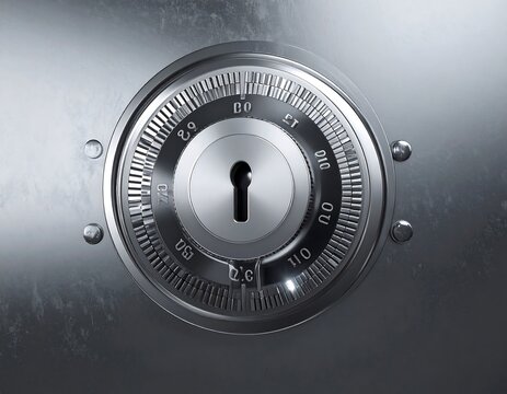 Close-up of a secure heavy metal combination safe dial and keyhole, ideal for cybersecurity and financial security concepts.