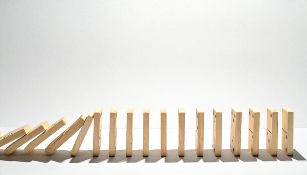 Wooden Domino Pieces Falling in Chain Reaction Cause and Effect Business Concept