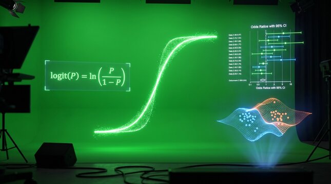 Sigmoid curve and odds ratio formula projected on a green screen background