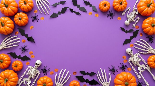 Halloween border with pumpkins skeletons and bats on purple background