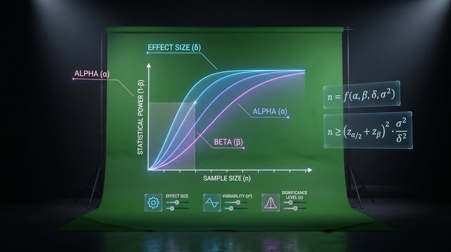 Statistical sample size power calculation graph displayed on a green screen