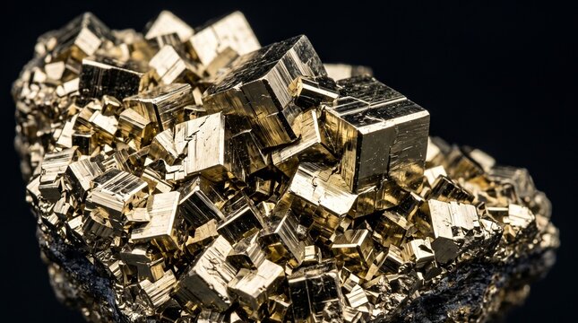 Extreme macro texture of interlocking golden cubic Pyrite mineral crystals