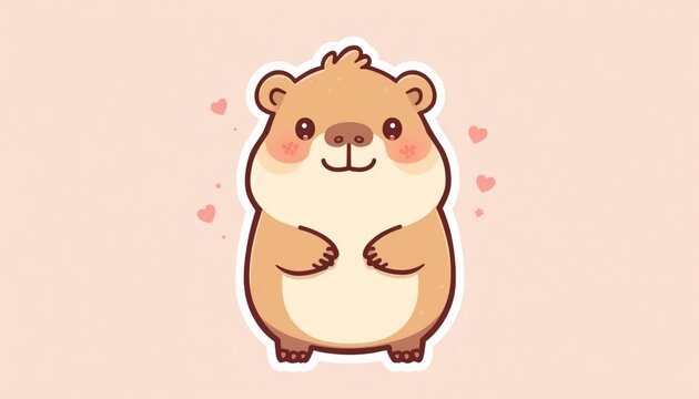 An adorable chubby capybara standing happily with a big gentle smile, tiny rounded ears, soft brown fur, rosy cheeks, and little paws held together