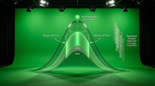Data analyst reviewing bell curve confidence intervals on green digital display in modern office