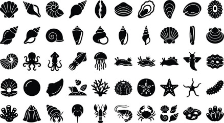 Obraz premium Marine Shellfish Mollusk and Ocean Invertebrate Solid Glyph Icon Collection Featuring Shells Clams Octopus Squid Sea Slugs Starfish Crabs Lobsters Pearls and Tide Pool Life