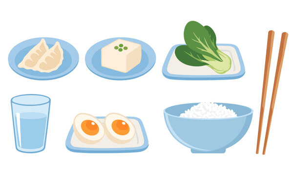 Cute Asian meal collection featuring steamed white rice, dumplings, tofu, boiled eggs, leafy vegetables, chopsticks and drinking water in simple flat vector style.