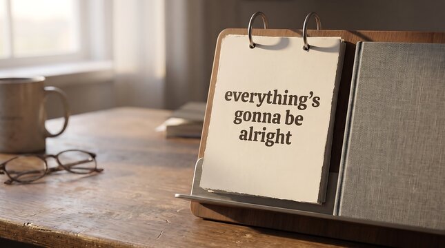 Everything's gonna be alright message written on a paper desk calendar with coffee cup and reading glasses