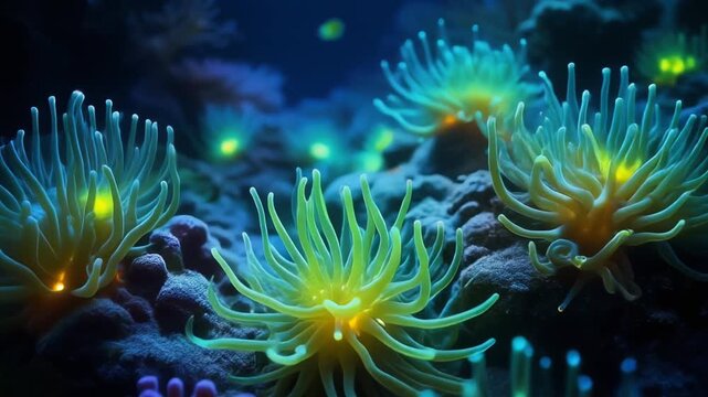 Vibrant Yellow Sea Anemones with Bioluminescent Glow Underwater