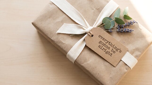 A thoughtfully wrapped present with a tag that says everything's gonna be alright, eucalyptus, and lavender.