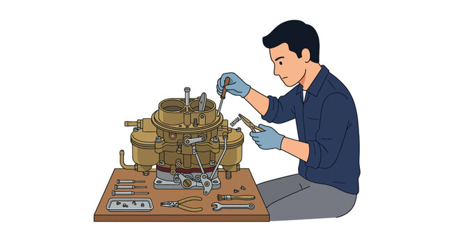 Mechanic Repairing Carburetor with Tools, Isolated Transparent Background