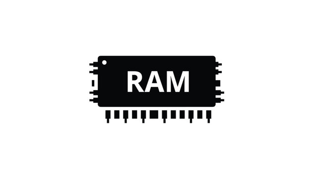 Black computer random access memory chip silhouette icon with white bold text isolated on a solid white background.