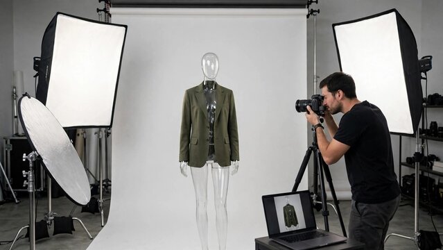 Photographer capturing fashion apparel on invisible mannequin in studio