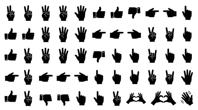 Black hand gesture silhouettes set, collection of 50 human hand icons, finger counting and communication symbols on white