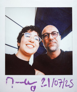 Friends selfie smiling together on instant film