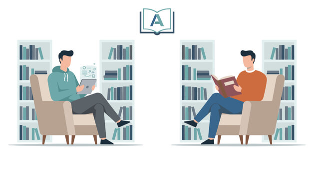 Young men sitting in cozy armchairs and reading book and digital tablet in a library hall with bookshelves, representing modern education.